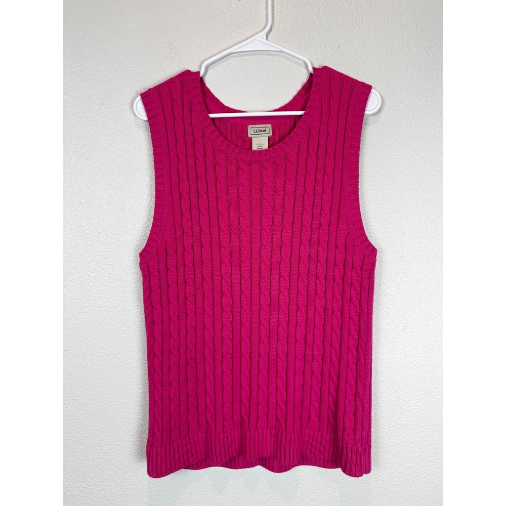 LL Bean Sweater Vest Womens Large Pink Cable Knit Cotton Sleeveless Crew Neck